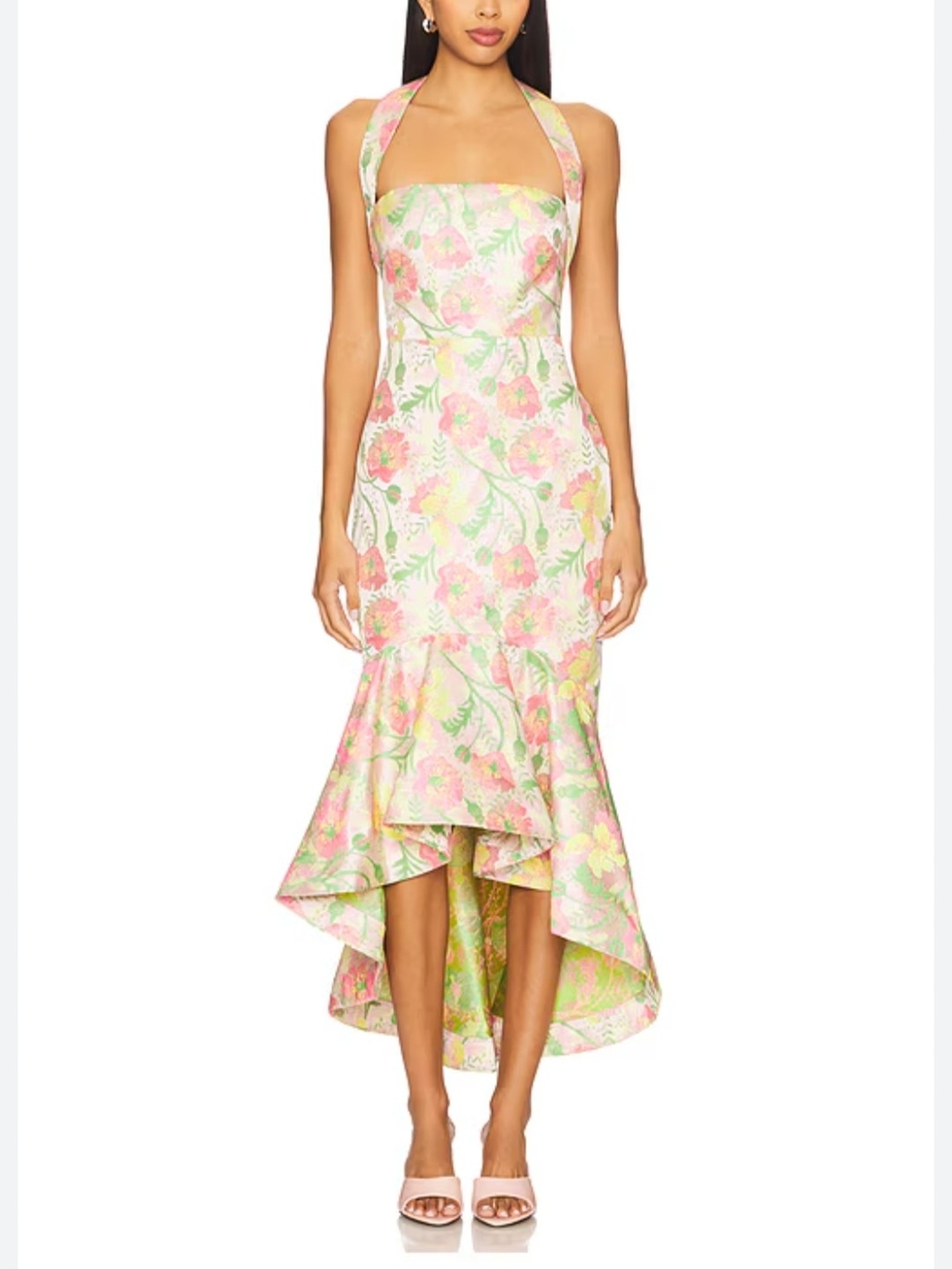Lovers+ Friends Ivy Pink& Cream Floral Halter mermaid Midi Dress tag missing EUC